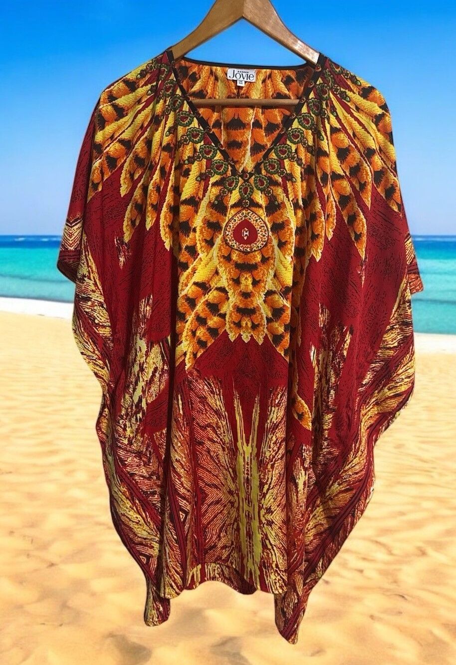Jovie Kaftan Beach Cover-Up One Size Tunic Boho Resort Wear Red Orange Yellow